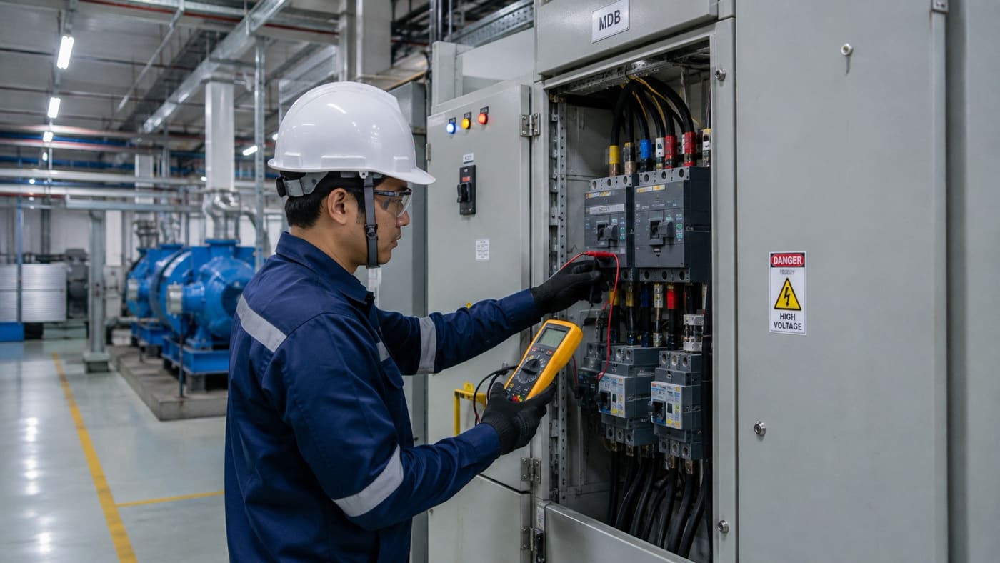 วิศวกรตรวจวัดระบบไฟฟ้าที่ตู้ MDB ในโรงงาน สำหรับงาน Energy Audit และ Energy Management