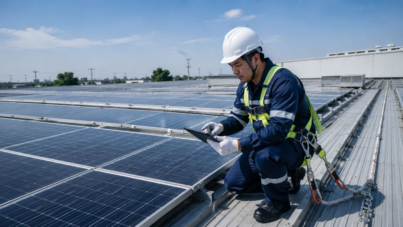 วิศวกรตรวจสอบแผงโซลาร์เซลล์บนหลังคาโรงงาน สำหรับงาน Solar Cell Solutions