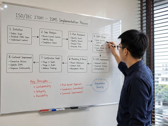 ที่ปรึกษาอธิบายขั้นตอน ISMS Implementation ตามมาตรฐาน ISO/IEC 27001 บนไวท์บอร์ด
